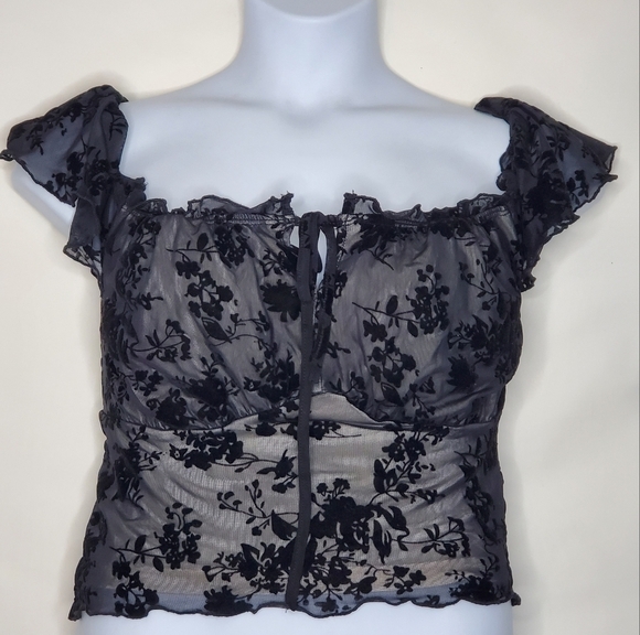 Black Floral Lace Mesh Milkmaid Top Plus Size 2XL Ruffle Flutter Sleeve Coquette - Picture 10 of 11